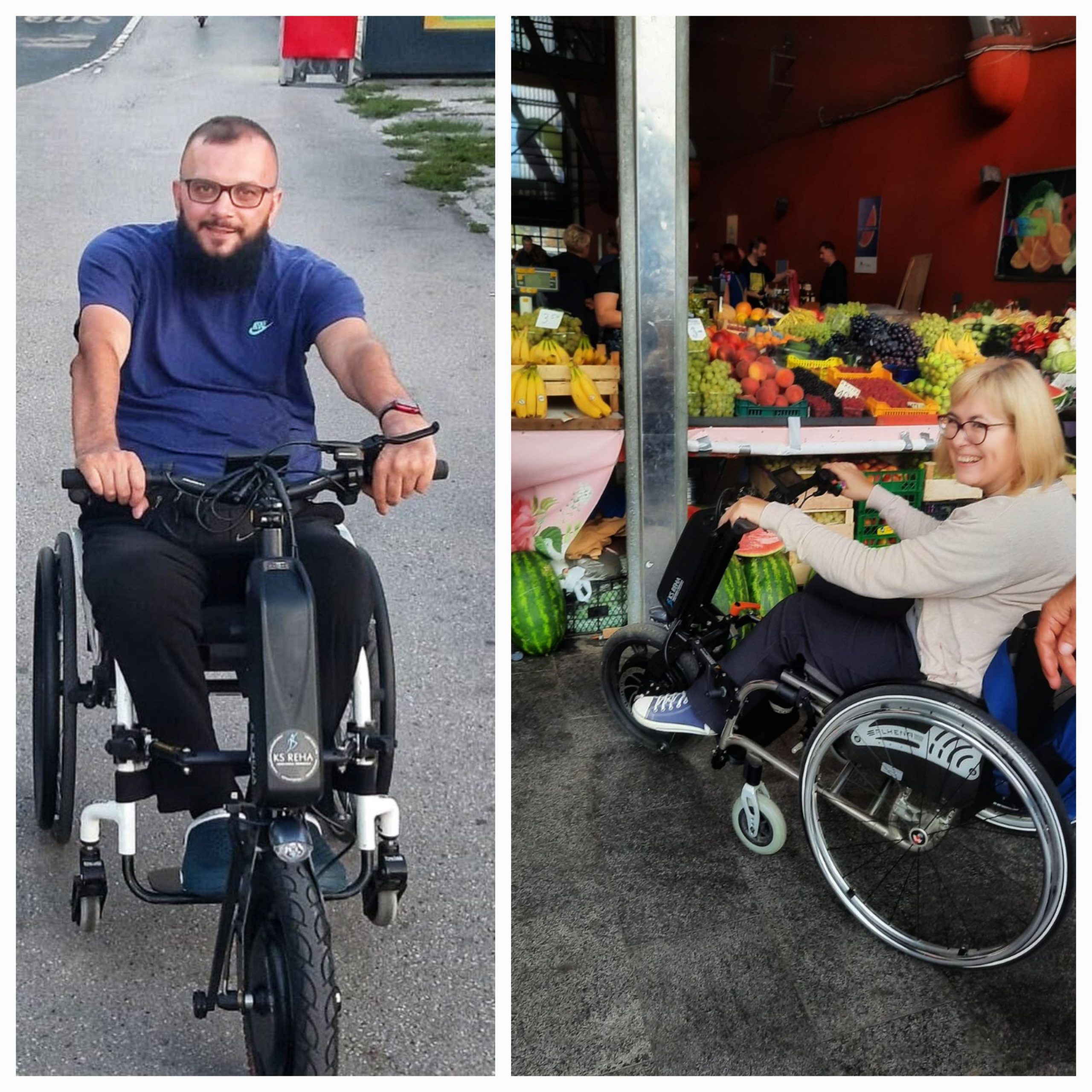 Kolaž od dvije fotografije: muškarac u invalidskim kolicima s električnim dodatkom SPEED3X RS i žena u kolicima na pijaci