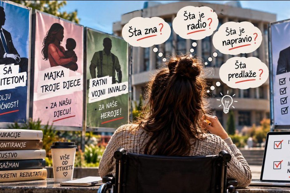 Žena u invalidskim kolicima, okrenuta leđima, gleda izborne plakate s natpisima „Osoba sa invaliditetom“, „Majka troje djece“ i „Ratni vojni invalid“. Iznad nje su pitanja „Šta zna?“, „Šta je radio?“, „Šta je napravio?“ i „Šta predlaže?“, a pored je plakat s listom: obrazovanje, iskustvo, rezultati, konkretni prijedlozi.